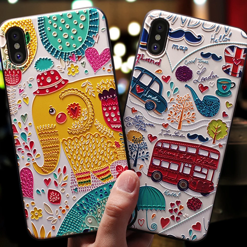 Eqvvol Cute 3D Emboss Cartoon Patterned Phone Case For iphone X 8 7 6 6S Plus Cases Soft Silicone Cover 5 5s SE Coque | Мобильные