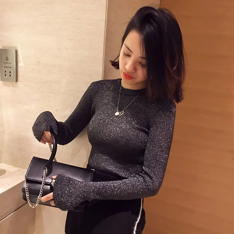 Весенний Повседневный Блестящий шикарный свитер с круглым вырезом женские