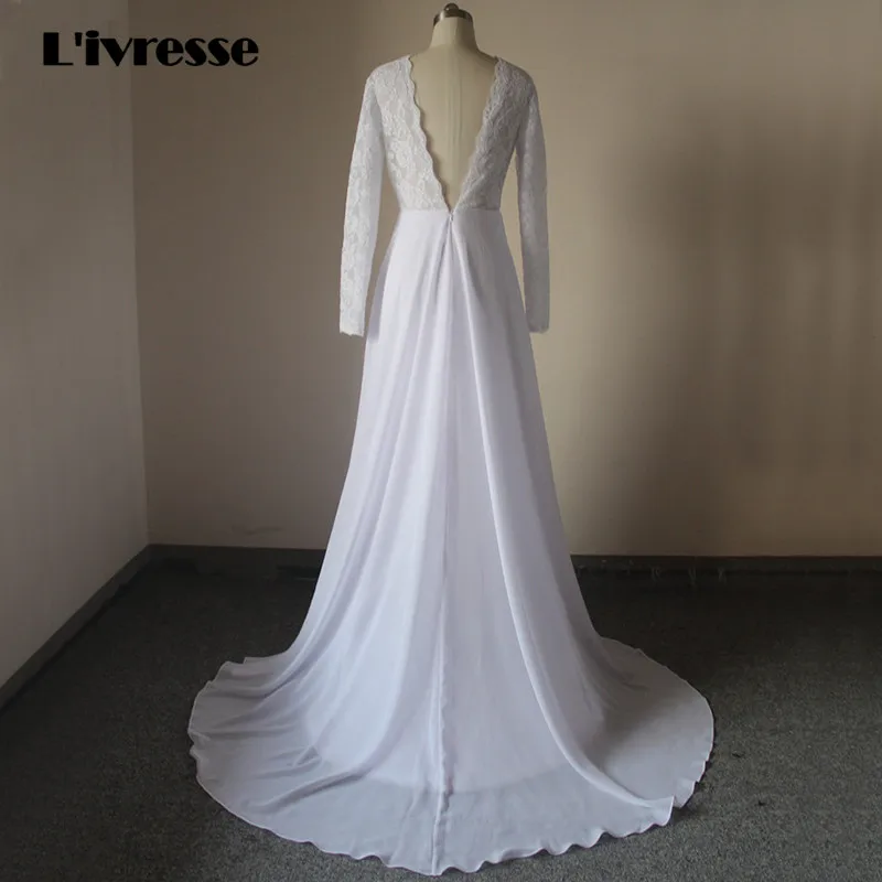 V-образным вырезом спинки шифон с длинным рукавом Кружева торжественные платья