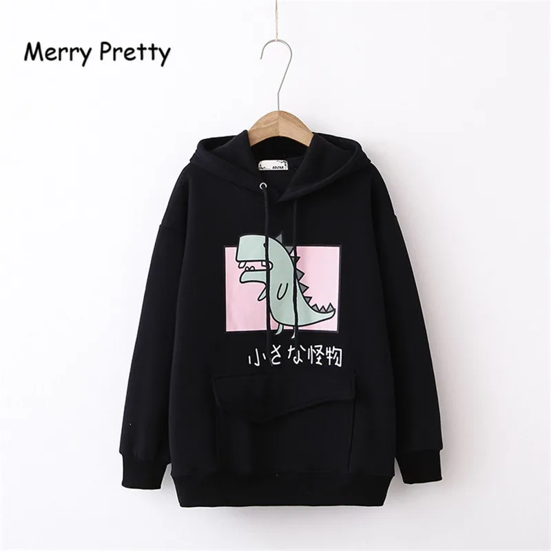 Черный Merry Pretty зима флис толстые толстовки мультфильм Динозавр печатных толстовка женская одежда сладкий пуловер с капюшоном на шнурке - Цвет: Черный