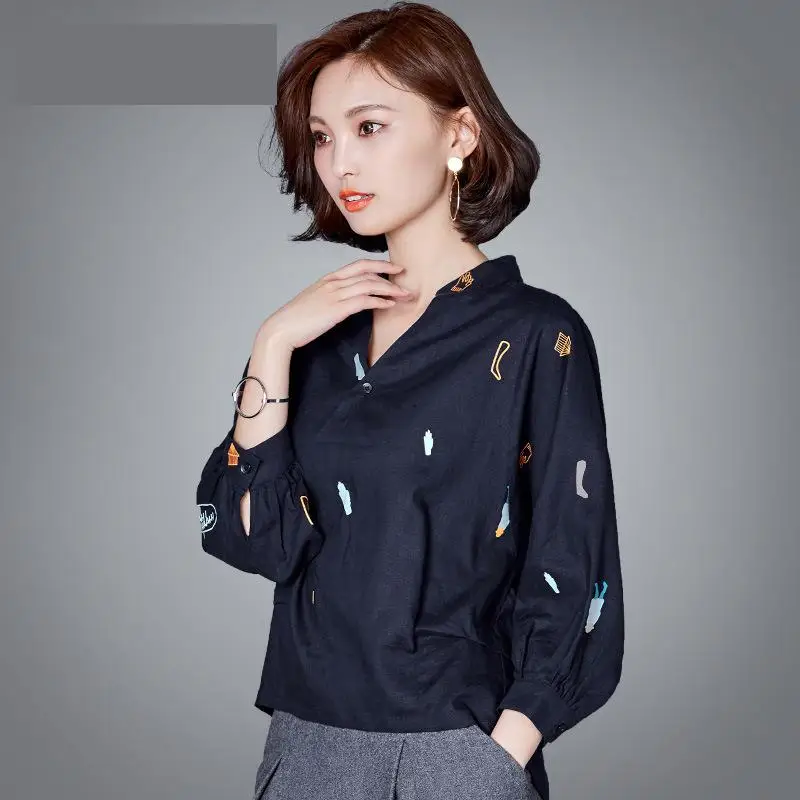 Осенняя новинка хит продаж корейская мода хлопок лен сорочка для женщин рукав