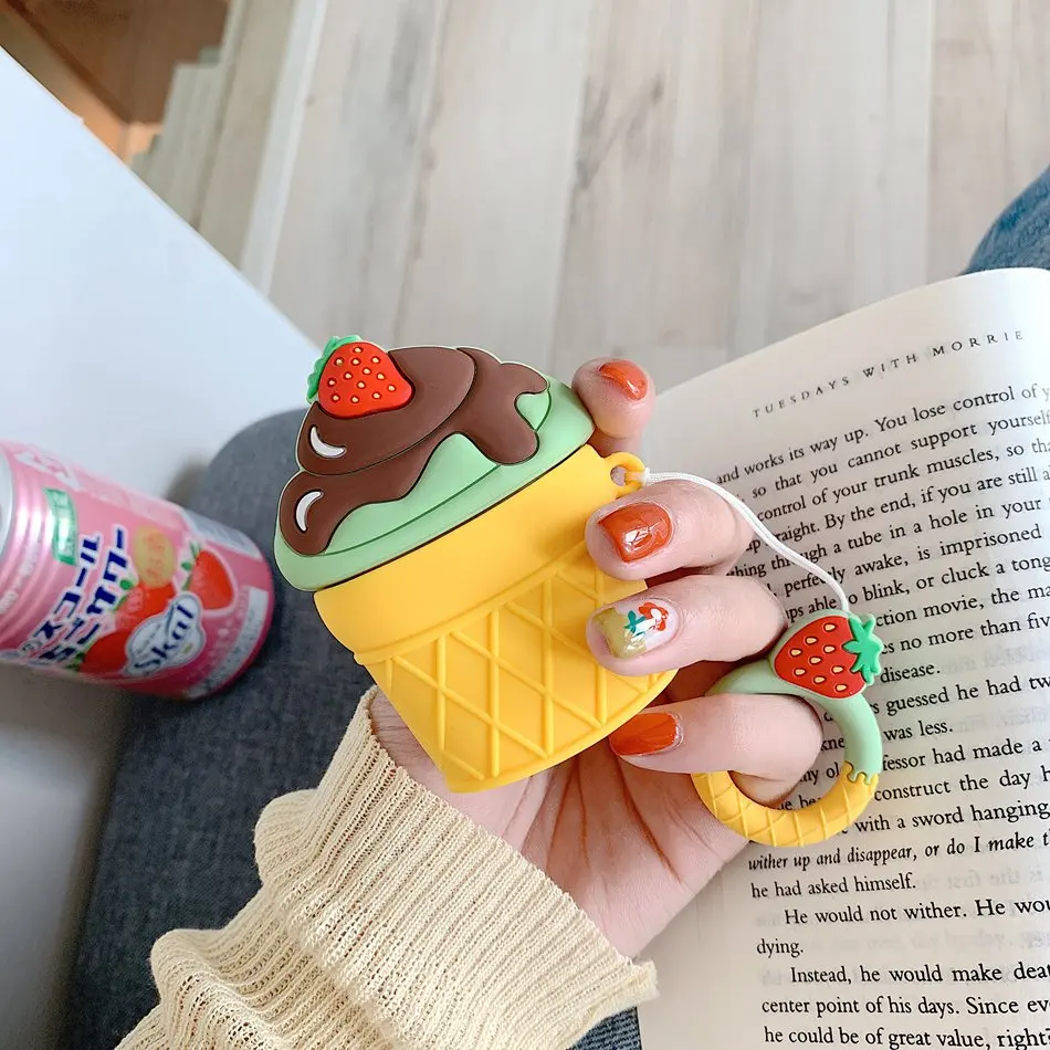 Для AirPods 2 Чехол, силиконовый, милый, 3D, вишневый, мороженое, чехол для наушников, для Airpods, крышка для наушников, кольцо для ключей, ремешок для Air pods