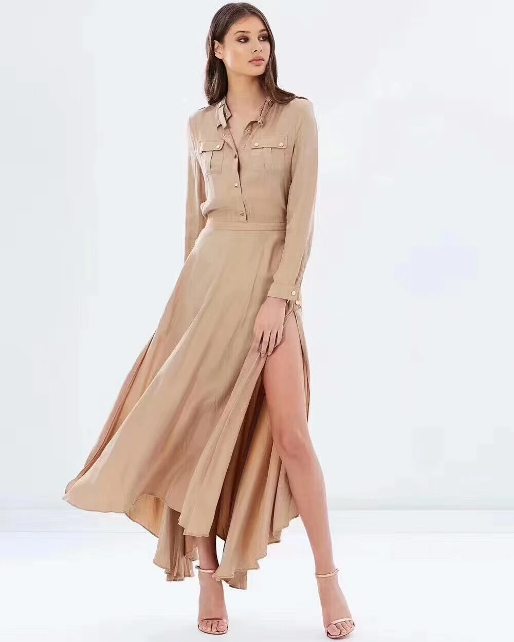 Модное платье-макси 2017 года привлекательное приталенное платье с разрезом для