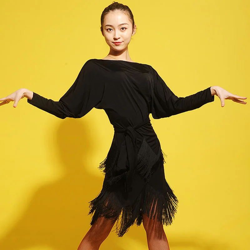 Женское платье для латиноамериканских танцев черное свободное сексуальное с
