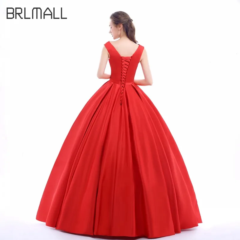 BRLMALL Simple Sleeveless Red A Line Prom Dresses Party Gown Crew Bow Satin Sweep Train Evening Formal Dress robe de soiree | Свадьбы и