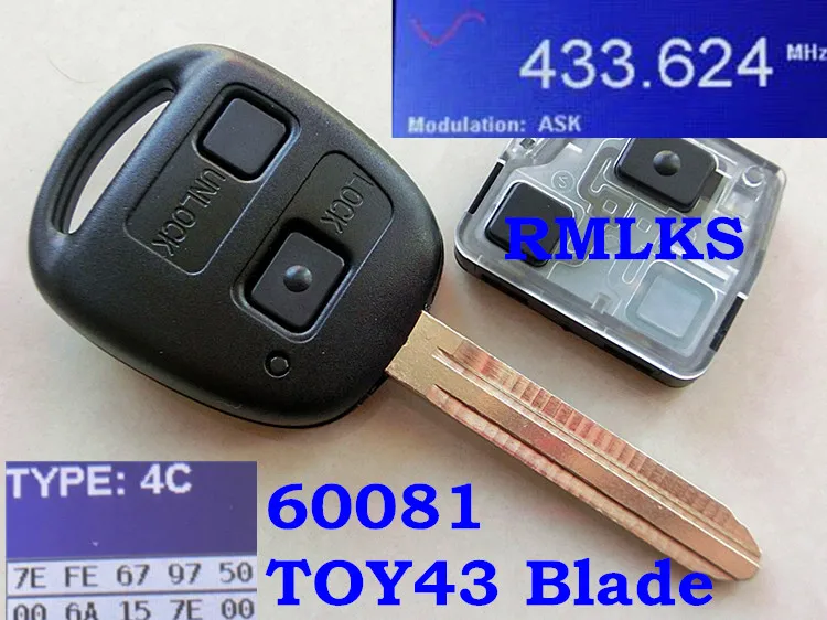 Дистанционный ключ RMLKS для Toyota Camry Prado Corolla 50171 60081 433 МГц 4D67 4C Чип 304 2 TOY43 лезвие|key