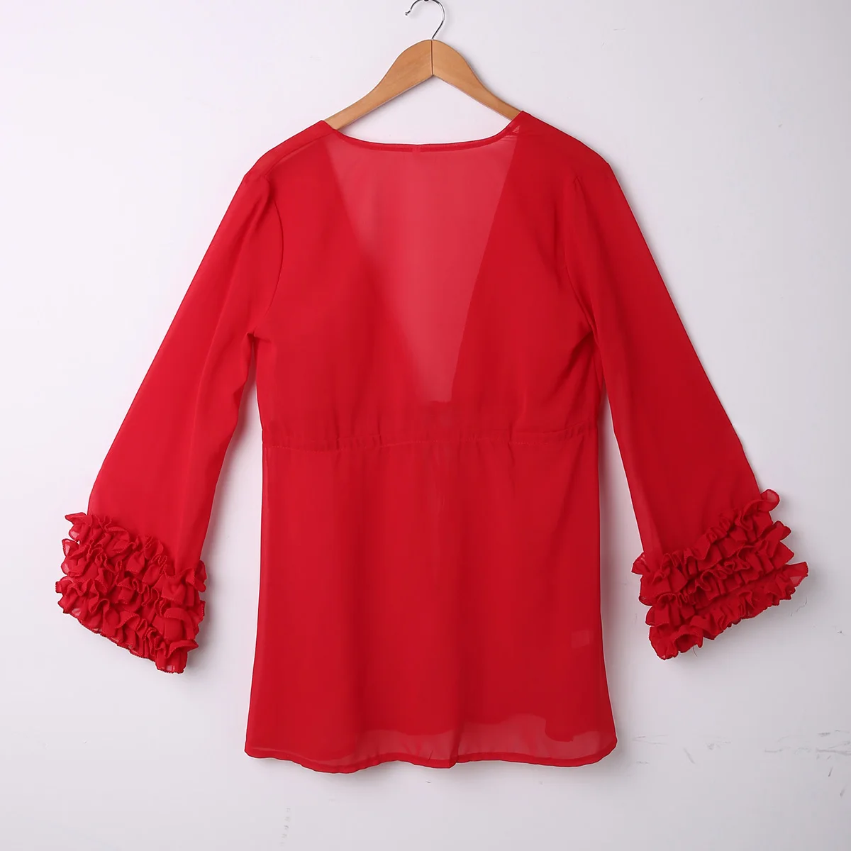 

New Fashion Women Summer Beach Wear Cover Up Tops Long Sleeve Rufles V-neck Women Sexy Blouses Clothing