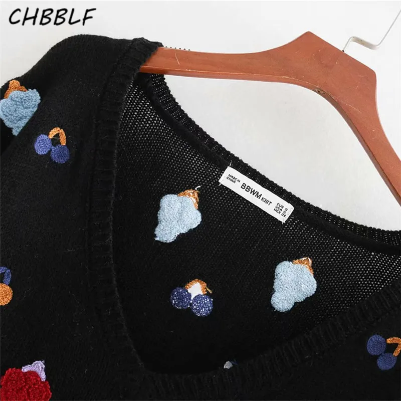 CHBBLF women V neck fruits embroidery sweaters long sleeve stretchy pullovers stylish female casual chic tops BGB8606 | Женская одежда