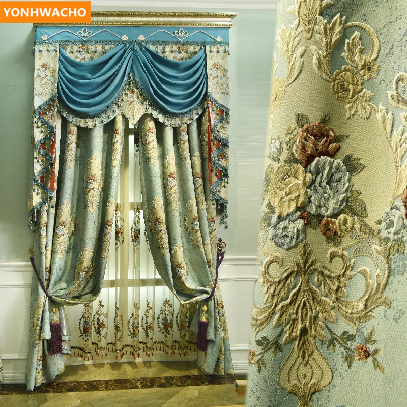 

Custom curtains noble jacquard Thickened high-precision Luxury European blue cloth blackout curtain tulle valance drapes N815