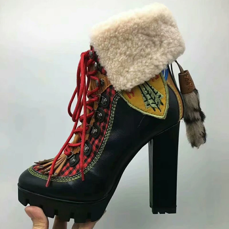 Зимние женские мотоциклетные сапоги на платформе и высоком каблуке 12 см; Botas Mujer; лоскутные шерстяные зимние сапоги с бахромой; ботильоны для женщин