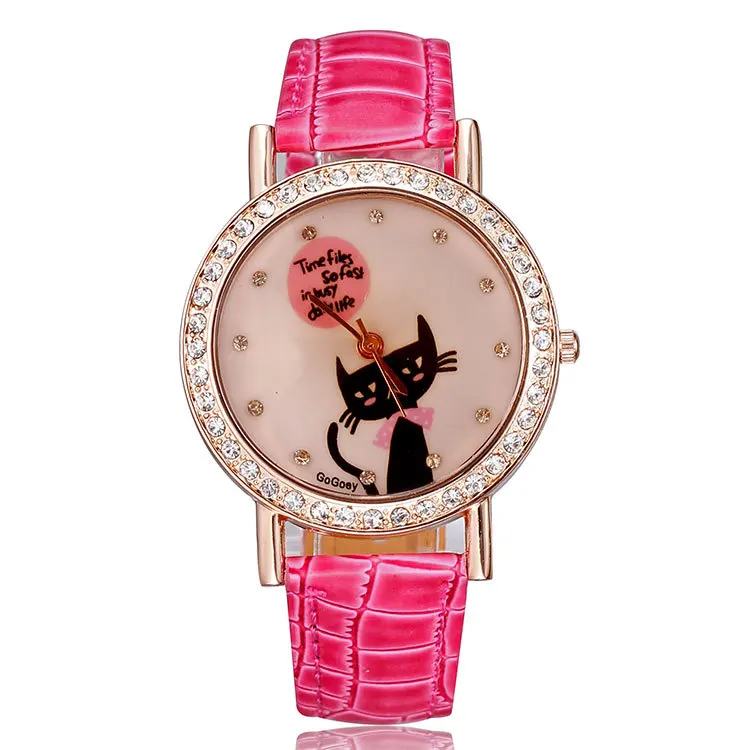 Watches women luxury brand rose gold pu leather strap watches crystal rhinestones cute cat fashion casual designer dropship | Наручные
