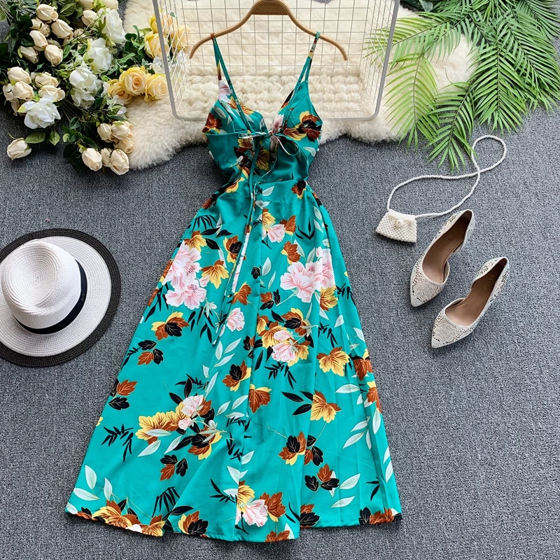 ALPHALMODA, Пляжное Платье для отдыха, v-образный вырез, крест-накрест, высокая талия, шифон, цветочный принт, женское летнее платье до середины икры