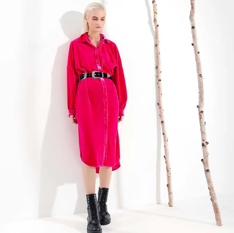 

2020 New Autumn Winter Lapel Long Sleeve Rose Red Velvet Loose Brief Long Shirt Dress With Belt Women Fashion Tide Z636