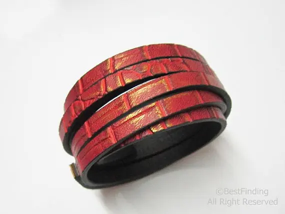 

5x2mm Red engrave alligator leather cord 5mm Flat leather cord