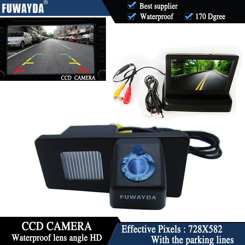 

FUWAYDA Color CCD Chip Car Rear View Camera for Ssangyong Rexton Ssang yong Kyron + 4.3 Inch foldable LCD Monitor waterproof