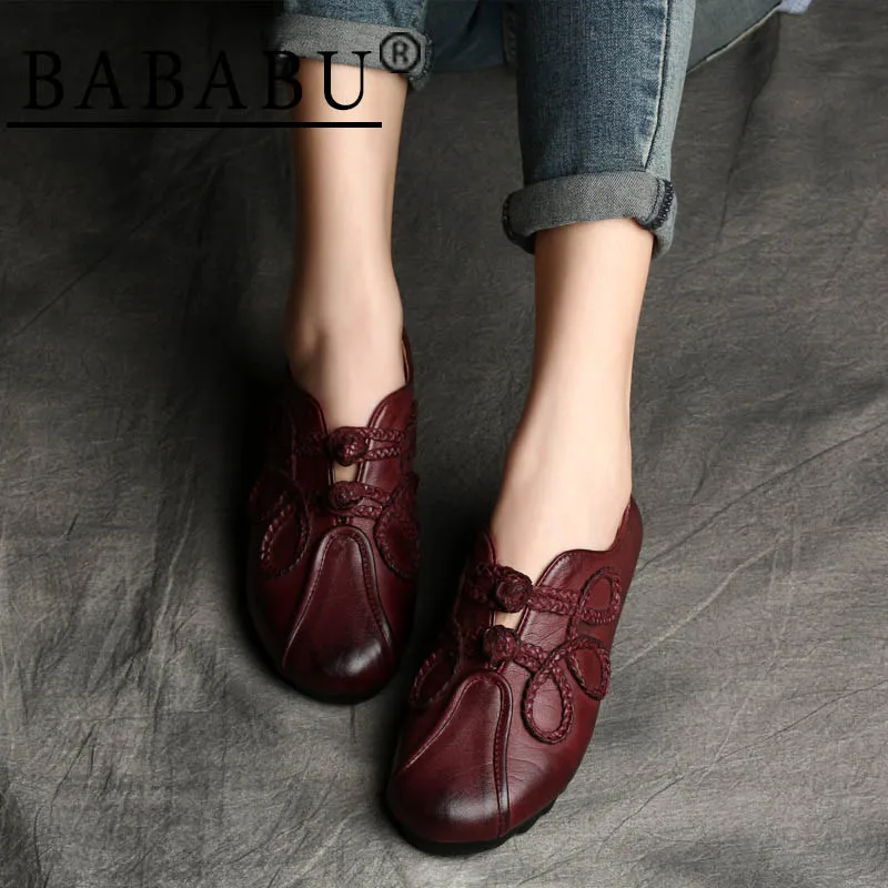 Wine Red Китайский стиль ретро новые женские туфли на плоской подошве из натуральной кожи кнопку корабль с круглым носком винтажные красное вино мелкой мягкой подошва женская обувь - Цвет: Wine Red