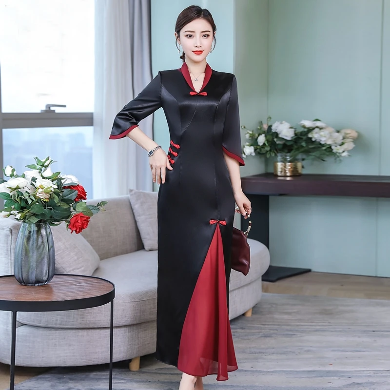 Традиционное китайское вечернее платье черные вечерние платья Cheongsam вьетнамское