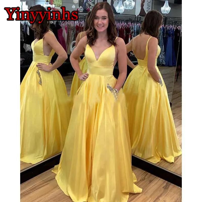 

Sexy V-Neck Long Prom Dresses 2020 with Beaded Pocket Formal Evening Party Gowns Crystal A-line vestidos de fiesta de noche