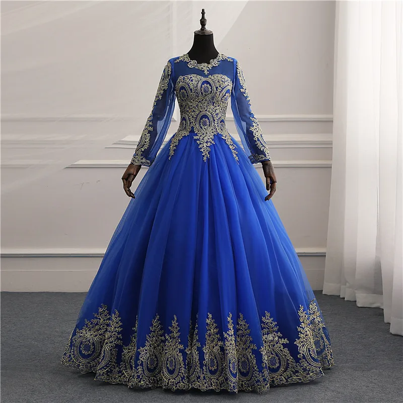 Новинка Vestidos de Noiva, Королевский синий тюль, винтажное свадебное платье с длинными рукавами, Золотая кружевная вышивка, аппликация для невесты, свадебное платье для невесты