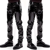 mens elastic faux leather pvc pants motorcycle ridding black slim fit dance party trousers wetlook patent leather pants for male