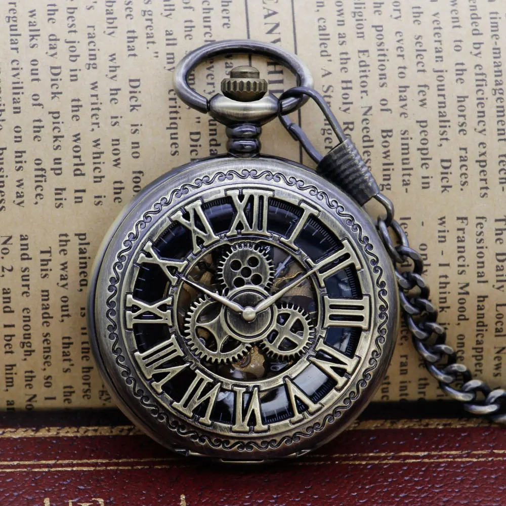 

Top Band Vintage Black Dial Romen Number Case Hand Wind Mechanical Skeleton Mens Pocket Watch for Men Women PJX1311