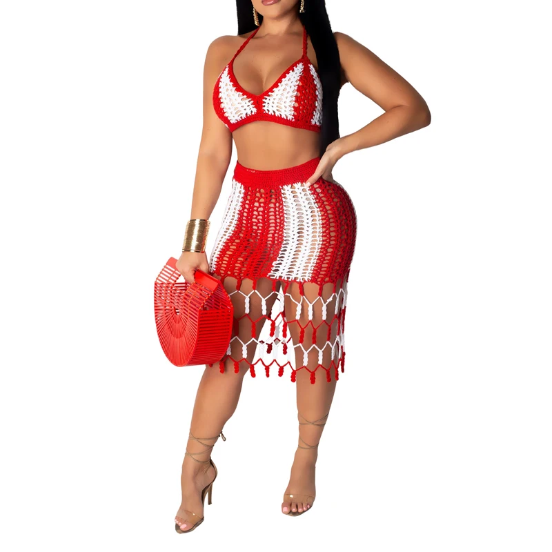 2PCS/SET Beach Cover ups New Crochet Top+Tassel Skirts Hollow Out Bikini Swimsuit Bathing suit cover ups Beachwear