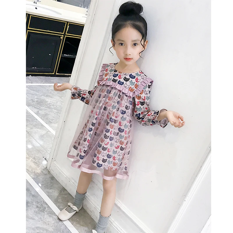 Модное платье-рубашка для девочек 2019 летнее Сетчатое лоскутное платье с рисунком