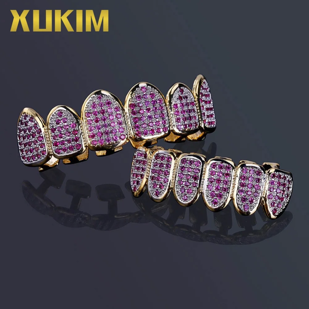 Xukim ювелирные изделия Хип хоп Золото Цвет Розовый зубы грилз Топ и низ гриля клыки