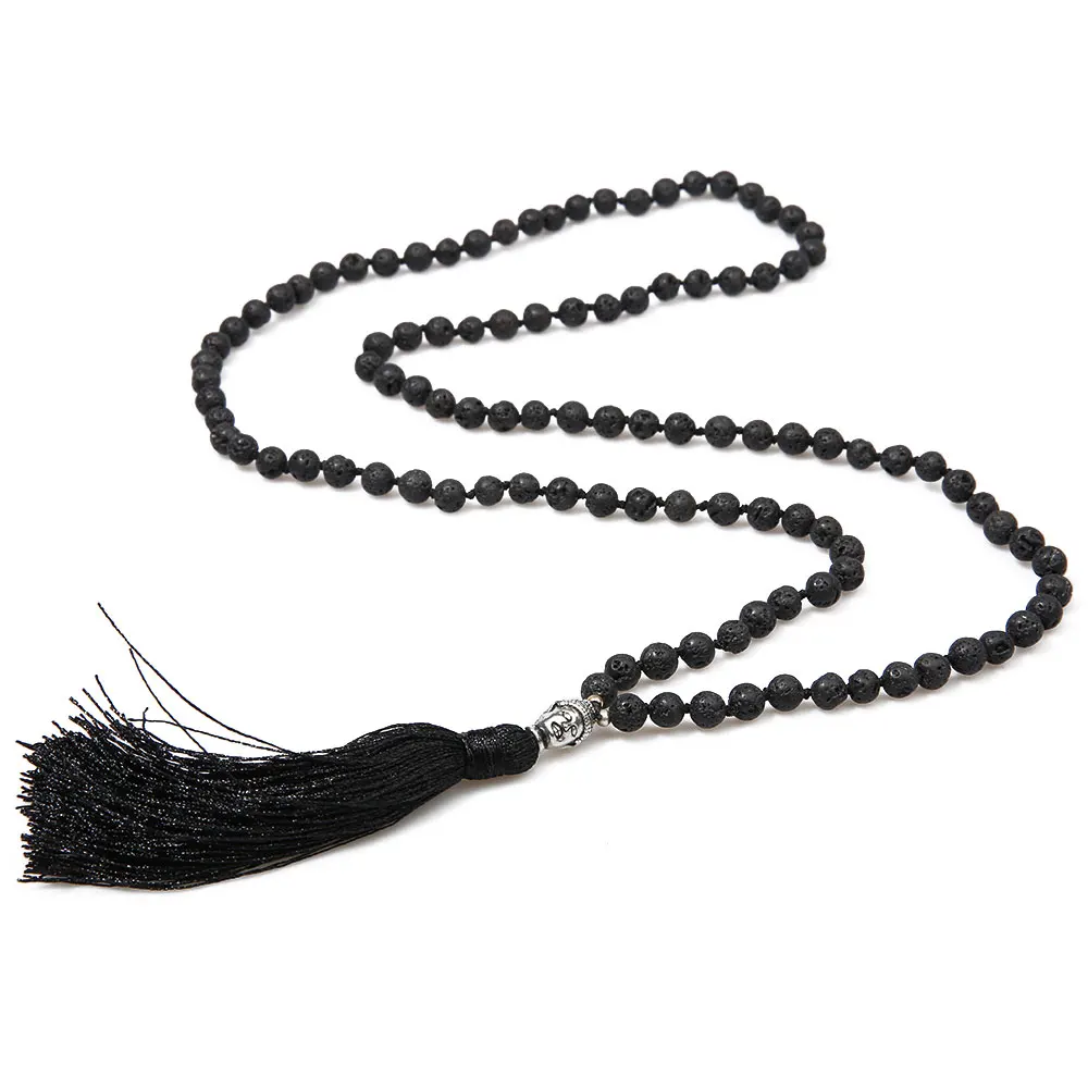 SHINUS BOHO классическое ожерелье с головой Будды для женщин, ожерелье из черного вулканического камня для медитации и молитвы, религиозные украшения - Окраска металла: N-B0178