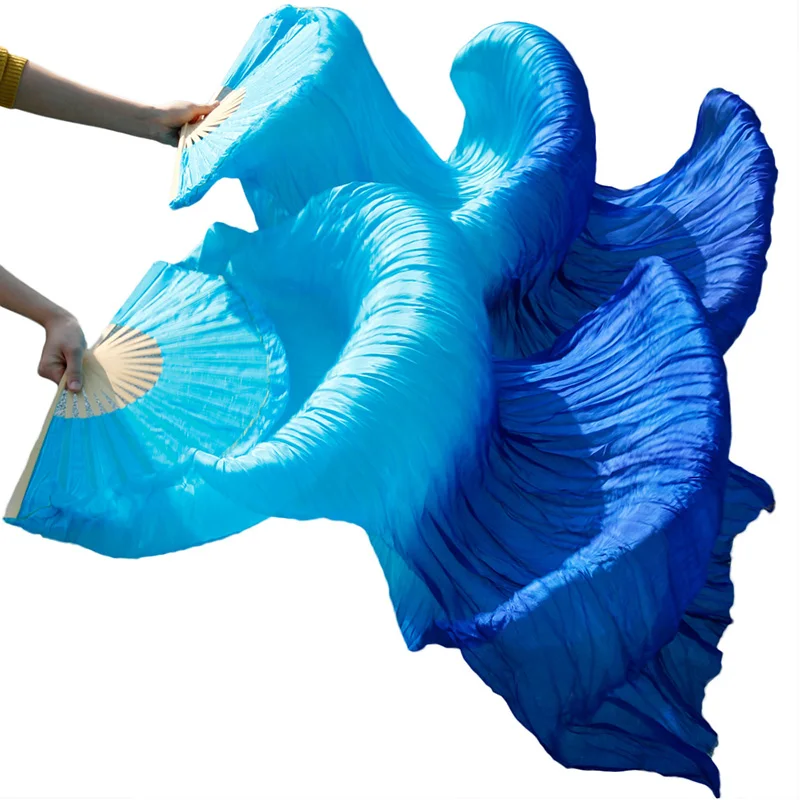 Stage Performance 100% Silk Belly Dance Fans Gradient Colour Accessories Dancing turquoise+ royal blue | Тематическая одежда и