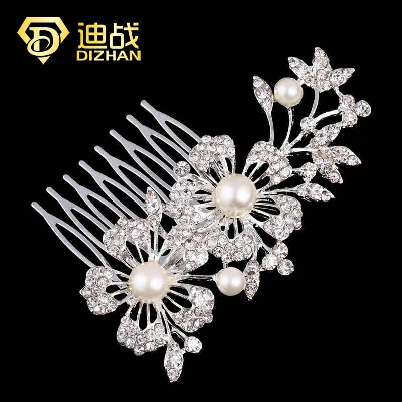 New Arrival Trendy Simulated pearl Double Flower Wedding Tiara Silver color Hair Combs Clips Bridal Accessories for women | Украшения и