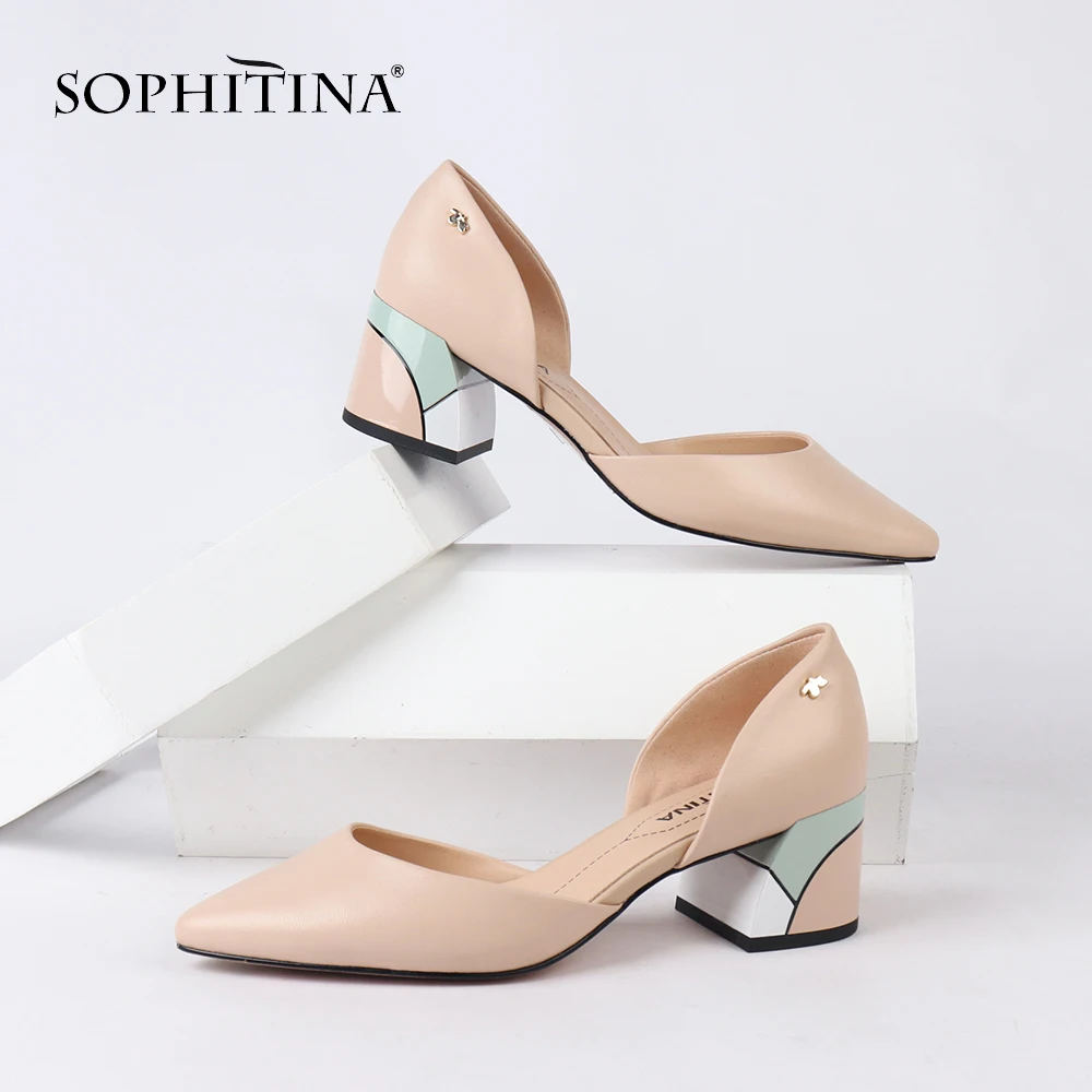 SOPHITINA/удобные туфли-лодочки на квадратном каблуке; высококачественные слипоны из натуральной кожи; модные женские туфли-лодочки с закрытым носком; SC162