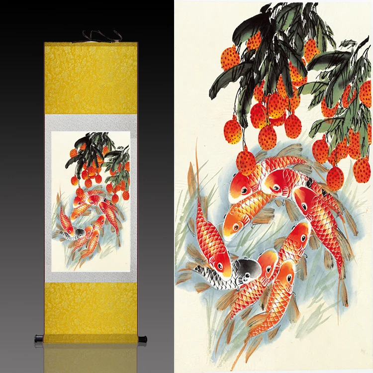 

Fish Silk scroll traditional art Chinese painting Fish picturePrinted painting