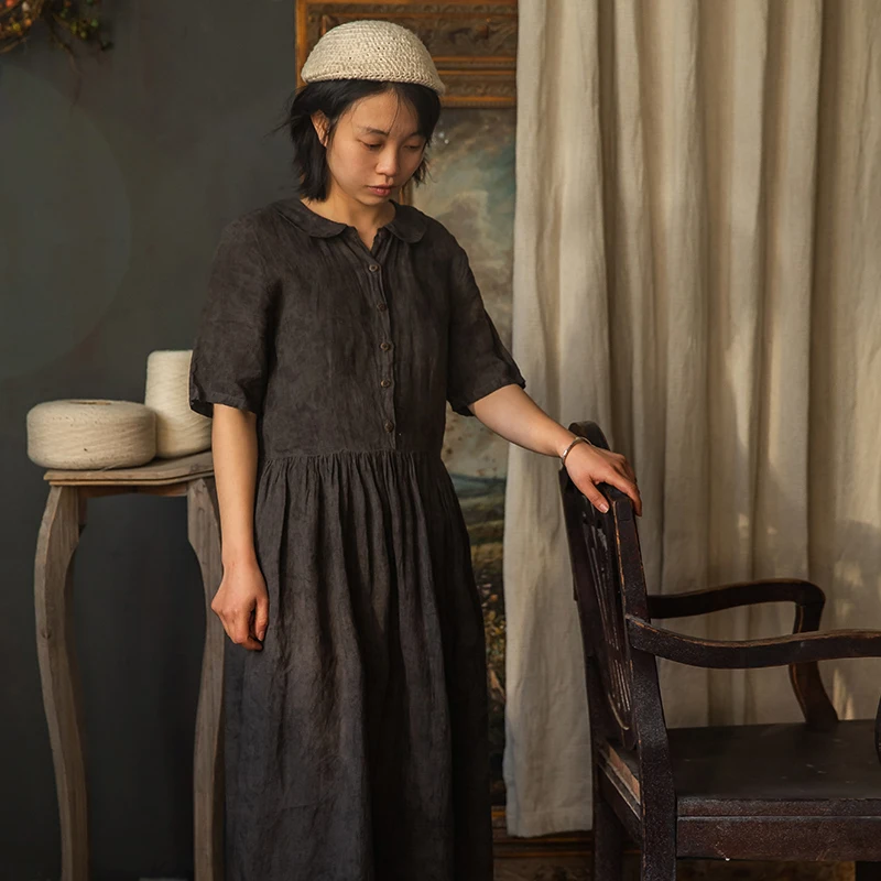 LinenAll женское винтажное платье с воротником Питер Пэн 100% льняное окрашенное