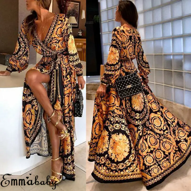 Женское длинное винтажное платье с цветочным принтом разрезом и длинным