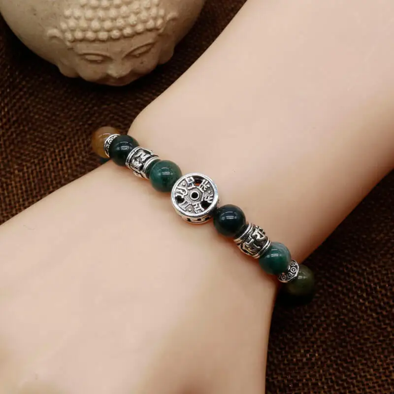 Браслет с мантрой из буддизма 6 словами и посеребренным покрытием|yoga jewelry|amazonite