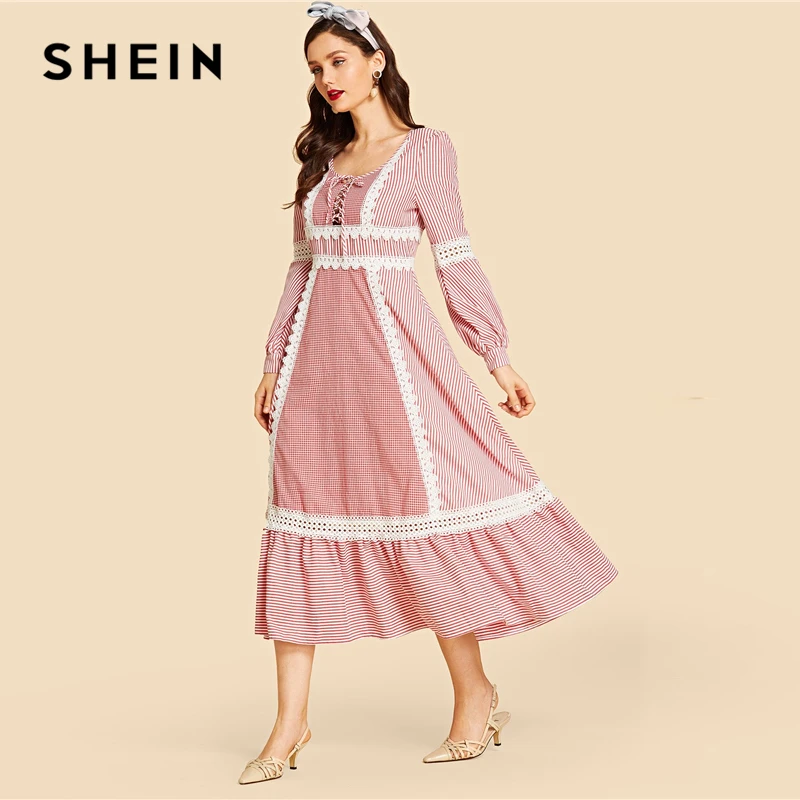 SHEIN Макси Платье В Стиле Кантри, Длинное Платье С Ажурными Вставками, Макси Платье В Полоску