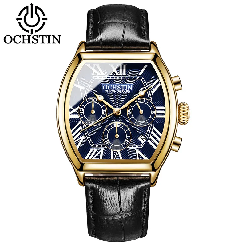 OCHSTIN Auto Date Sports Military Men Watches Luxury Brand Tonneau Quartz-watch Man Leather Army Male Clock Relogio Masculino - Цвет: Gold blue