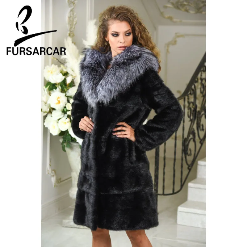 FURSARCAR 2020 Новая модная шуба из натурального меха норки 100 см Длинная черная зимняя