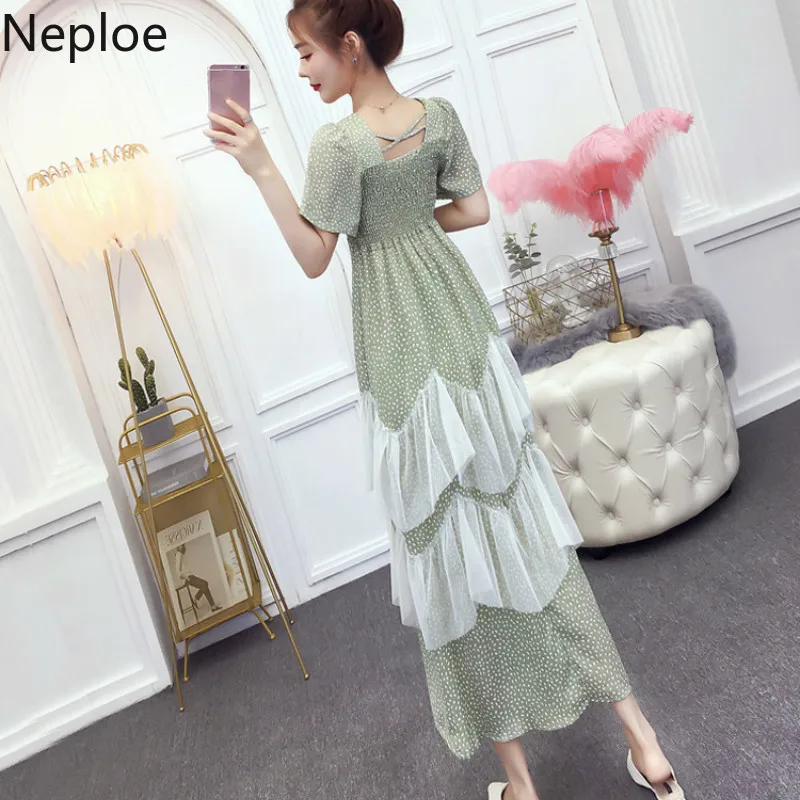 Neploe в горошек лоскутное женское платье Лето 2019 новый квадратный воротник
