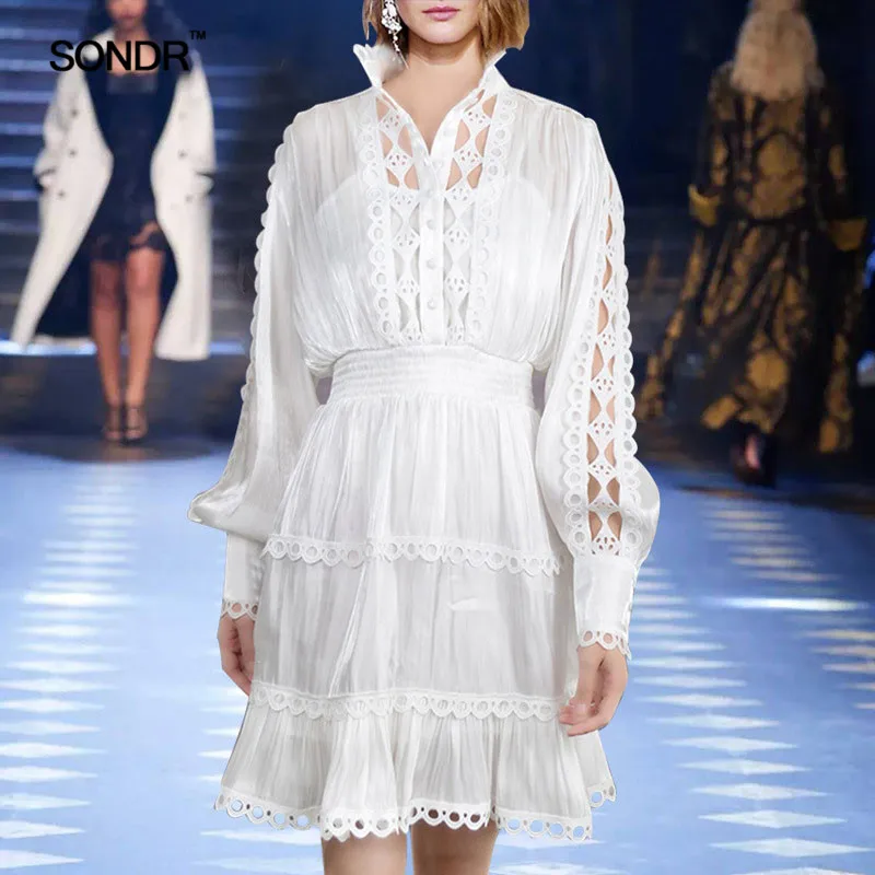 

SONDR Elegant Dress Female Lantern Long Sleeve Hollow Out Stand Collar Patchwork Lace Women's Dresses 2019 Summer Fashion