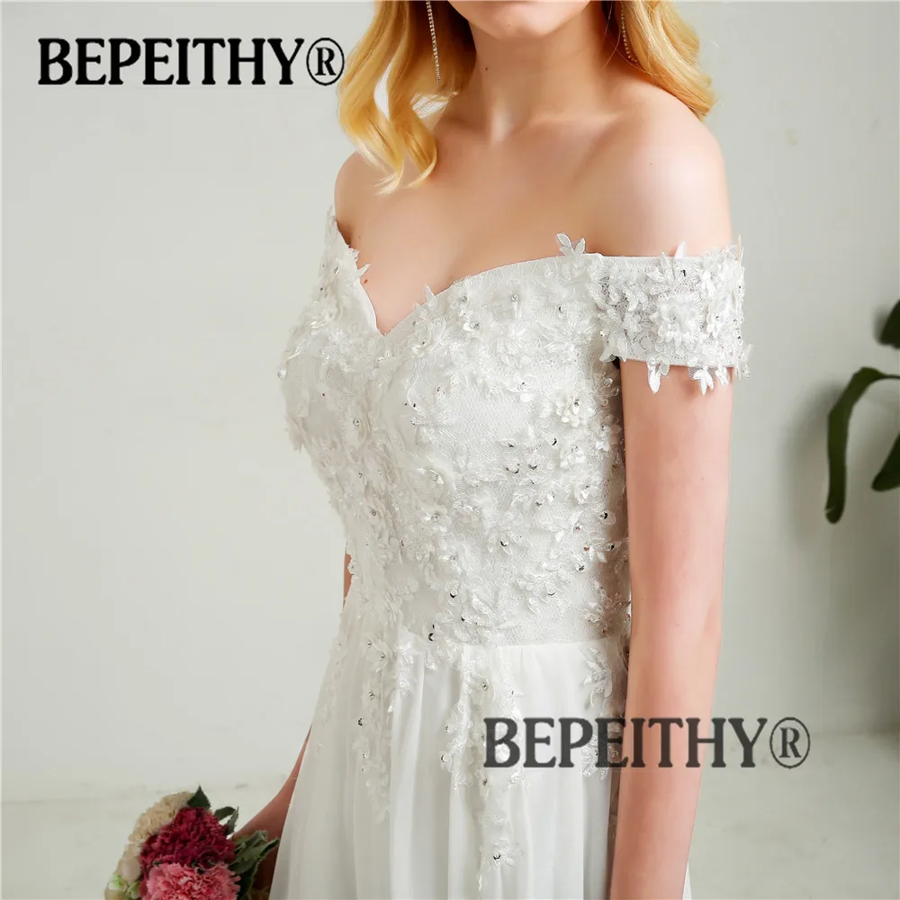 BEPEITHY Новое поступление свадебное платье цветочный топ с открытыми плечами сексуальные пляжные свадебные платья со шлейфом Vestido De Novia