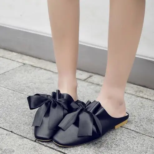 Square Toe Black Кожаные туфли из свиной кожи; женские шелковые шлепанцы; лоферы с бантиком; сандалии с закрытым носком; удобные шлепанцы из натуральной кожи; женские шлепанцы - Цвет: Square Toe Black