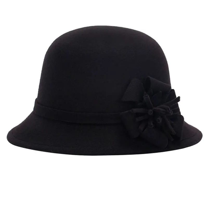 Новая мода Сезон осень зима женская шляпа федора Имитация шерсти с цветочным