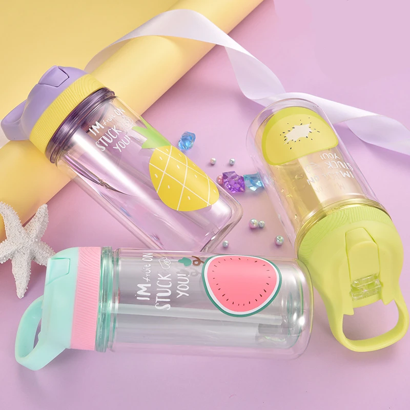 Фрукты Пластик бутылка для воды Спорт двухслойные 360 мл детей соломы бутылки