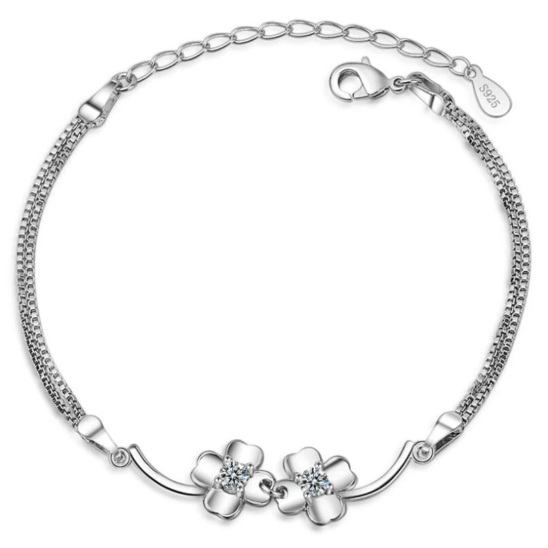 

KOFSAC New Fashion 925 Silver Bracelets for Women Party Charm Double Chain Exquisite Zircon Flower Bangles Jewelry Gifts Pulser