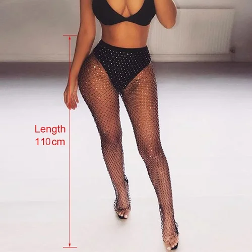 Black 110CM Блестящие хрустальные стразы, ажурные сексуальные штаны-туника, женские длинные штаны, сетчатые прозрачные Клубные вечерние штаны - Цвет: Black 110CM