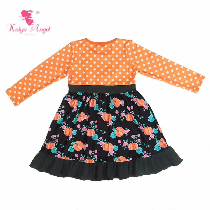 Kaiya Angel Halloween Toddler Girl Ruffles Long-sleeved Kids Princess Dresses Flower Pumpkin Orange Bottom White Dot Clothes | Детская