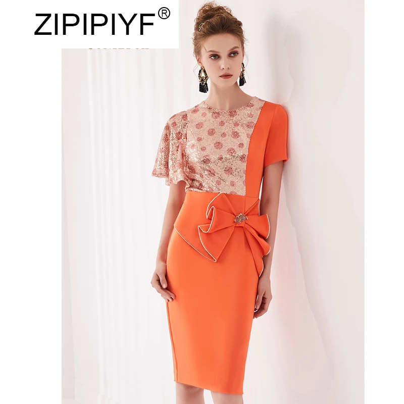 

Unique Bowtie Design Slim Waist Dress 2019 Women's New Asymmetric Short Sleeves Dress Temperament Lady Party Dress C1781