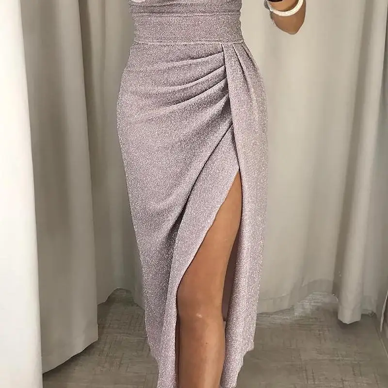 Женское блестящее вечернее платье с открытыми плечами 2018 платья высоким